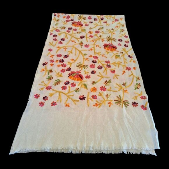Boho Embroidered Wool Scarf Colorful Floral Cream Raw Edges Large 70 Long x 20 - Picture 7 of 12